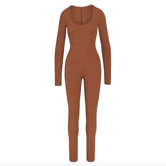 SKIMS Tan All-In-One Scoop Neck Shapewear Long Sleeve Onesie Jumpsuit Cat Small - Picture 1 of 8